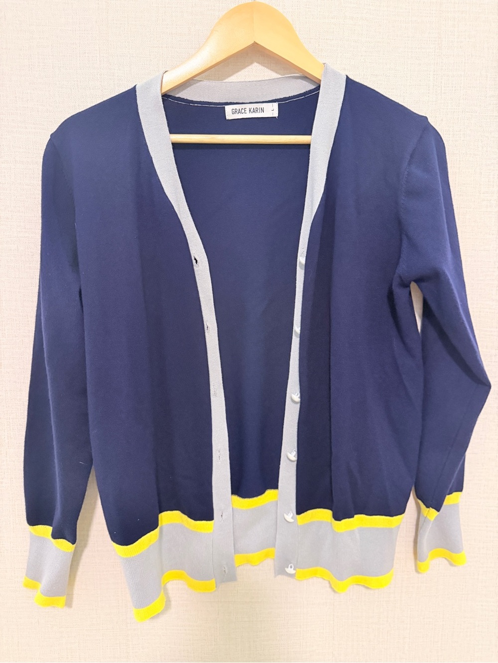 Grace Karin Navy Cardigan with Gray and Yellow Trim